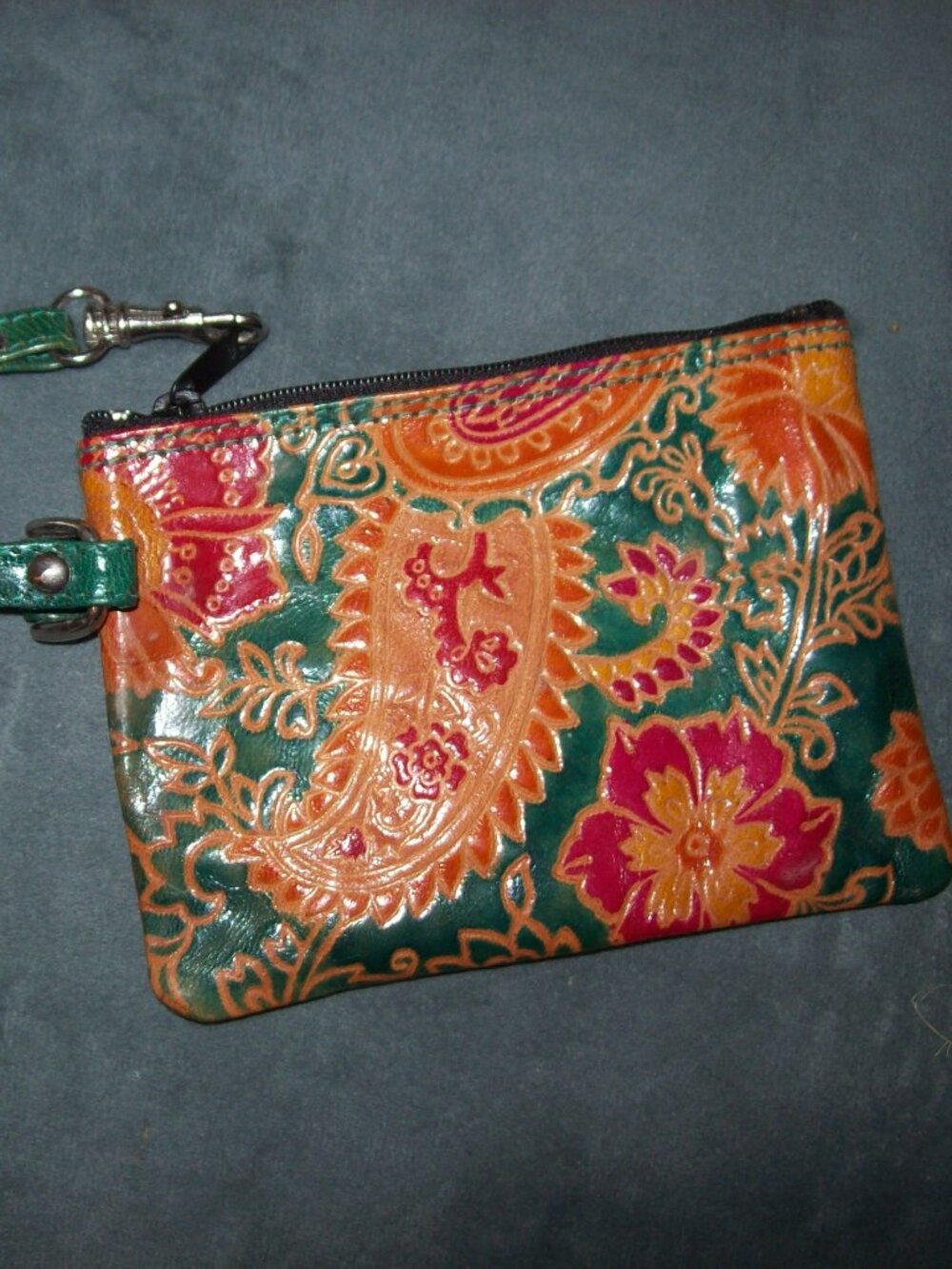 Paisley Leather Wristlet Pouch Wallet-Made in India-Zipper Closure